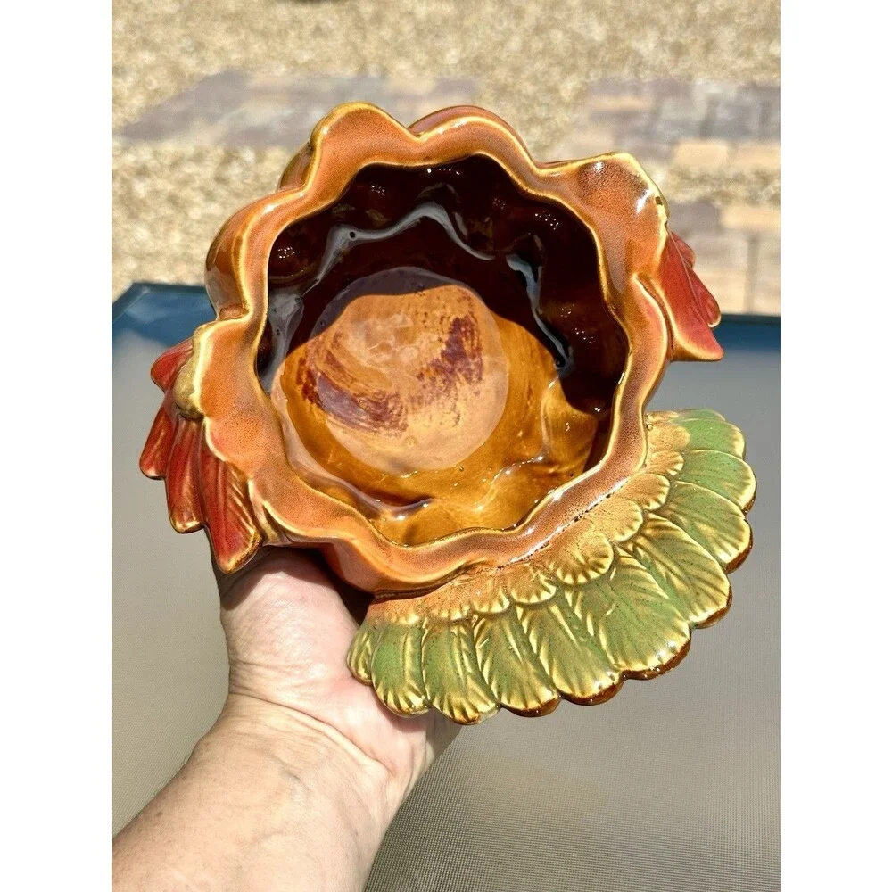 Ceramic Pumpkin Turkey Container w Lid Thanksgiving Orange Brown Holiday Dish